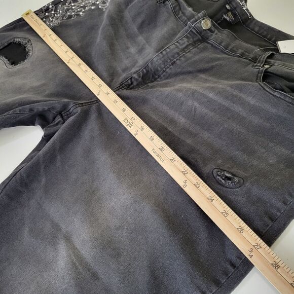 NEW 24 W boho butterfly rhinestone pearl distressed raw black stretch jeans NWT - Picture 3 of 16